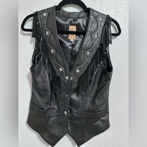 Tribe America Black Leather Fringe Vest Western  Style,Studded Conchos,Women’s